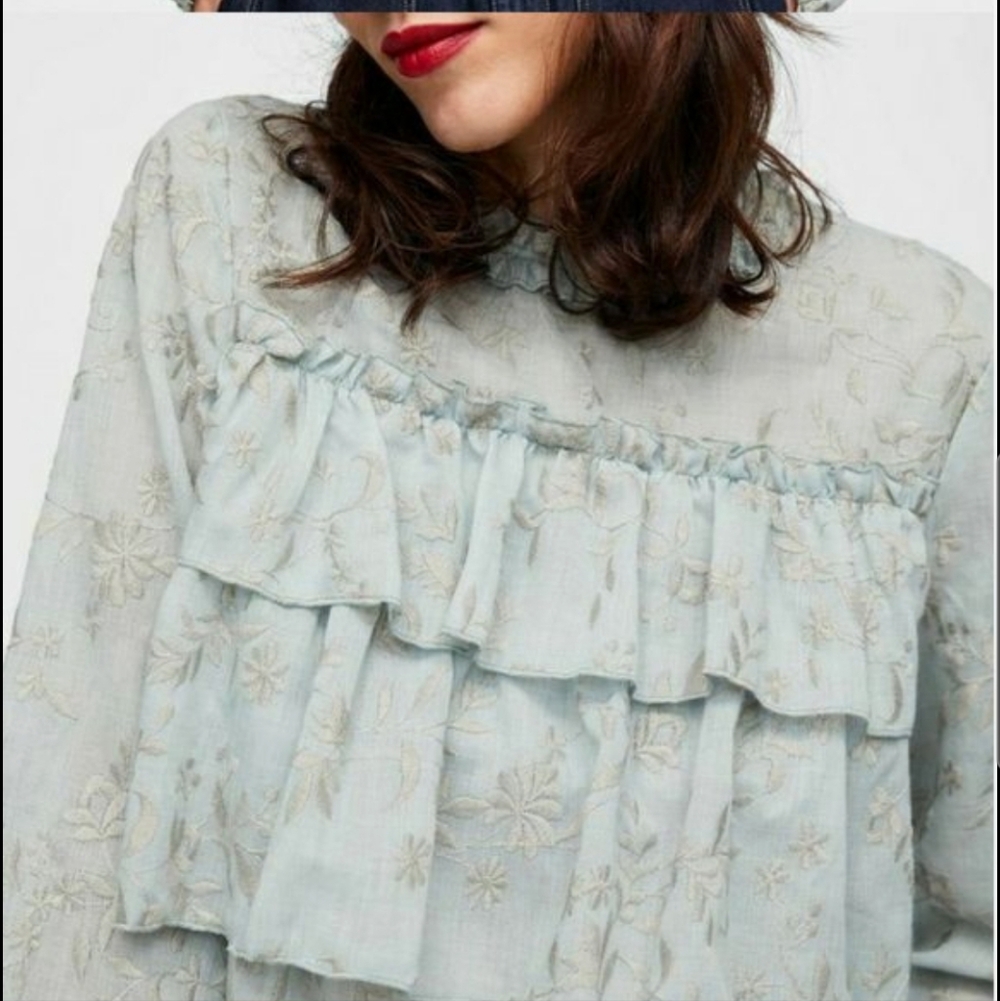 Zara Light Gray/green Embroidered Floral Ruffled Blouse - Small